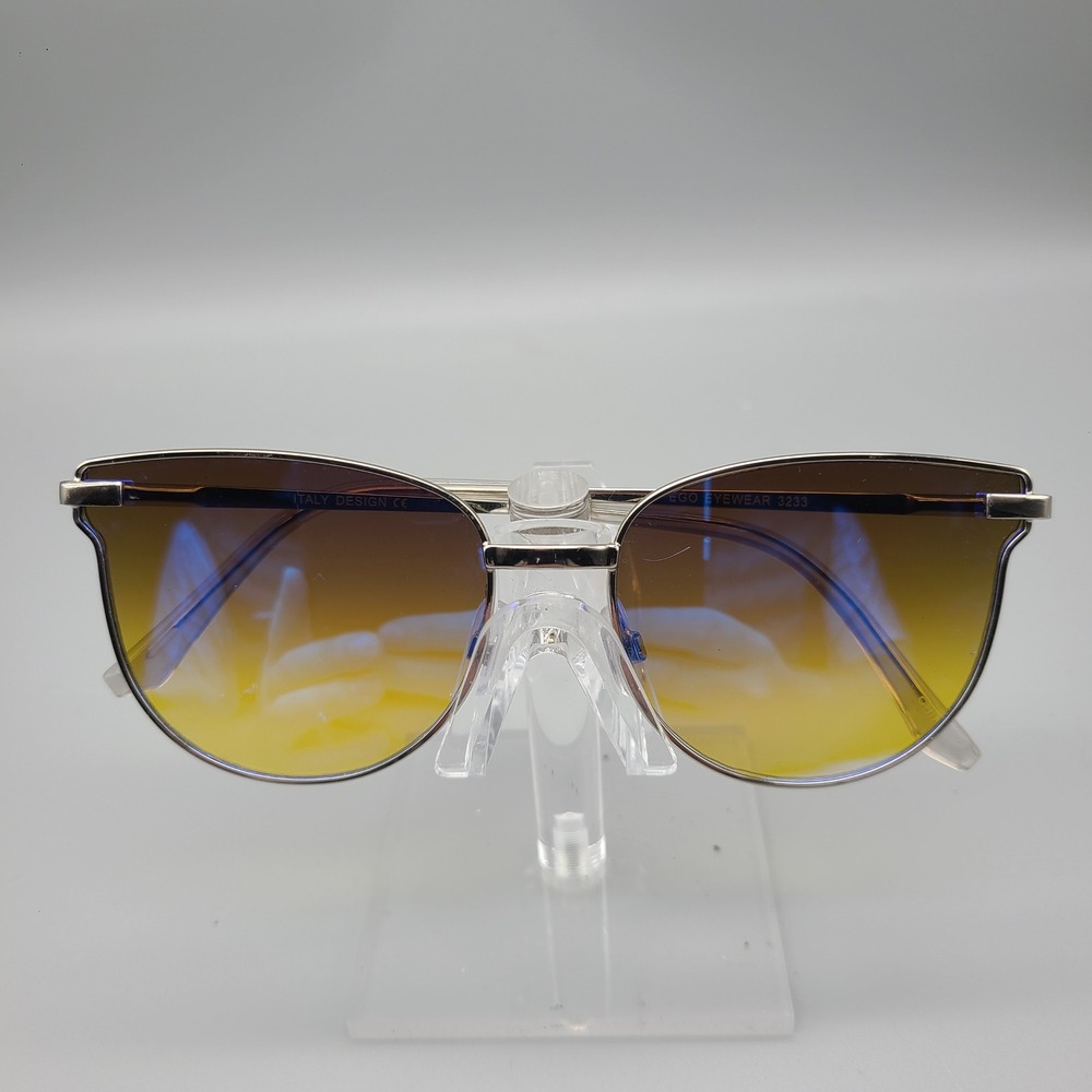 Ego Eyewear 3233 Silver Metal Cat Eye Sunglasses Italy Design Grey Yellow Tint